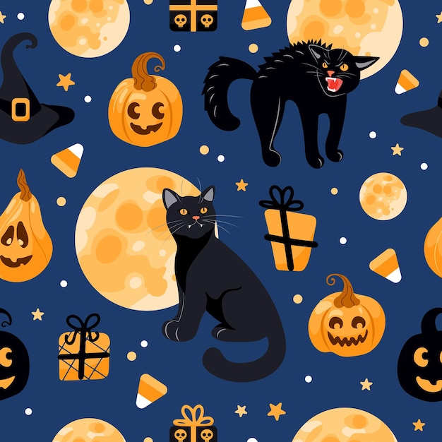 Padrão sem emenda de halloween gato preto, lua, chapéu de bruxa, lanterna de jaque, doces. sobre um fundo azul. ilustração brilhante no estilo cartoon. para papel de parede, impressão em tecido, embalagem, fundo.
