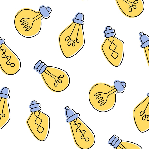 Padrão sem emenda de lâmpadas desenhada de mão. Lâmpadas amarelas do loft em estilo doodle.