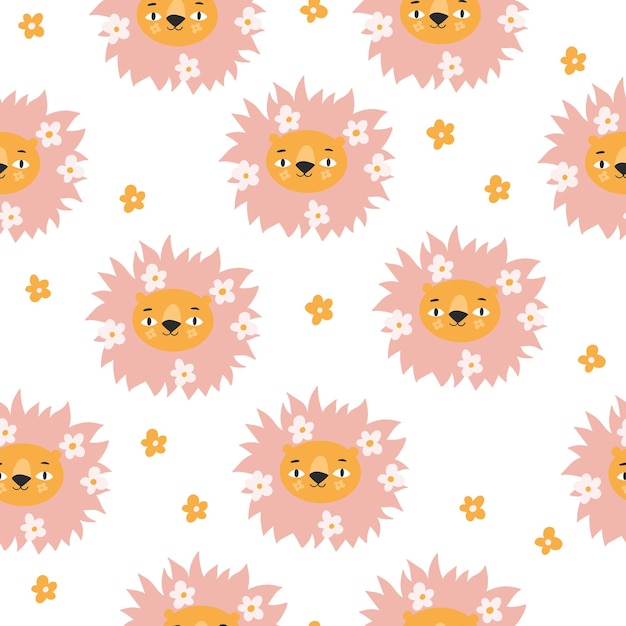 Padrão sem emenda de leão floral moderno. fundo moderno com animais fofos e flores desabrochando.