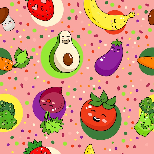 Padrão sem emenda de legumes engraçados. Ilustração de doodle de comida saudável.