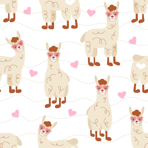 Padrão sem emenda de lhamas bonito dos desenhos animados em óculos rosa sobre fundo branco.