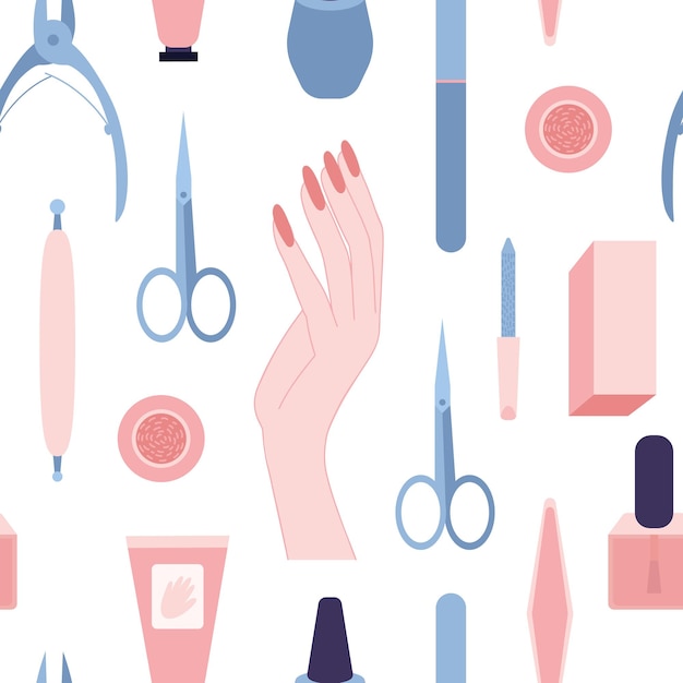 Padrão sem emenda de manicure vetorial. Ferramentas planas de salão de manicure em fundo branco