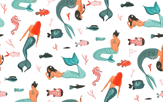 Padrão sem emenda de mão desenhada cartoon verão ilustrações subaquáticas com água-viva, peixes e personagens de garotas de sereia boêmio de beleza em fundo branco