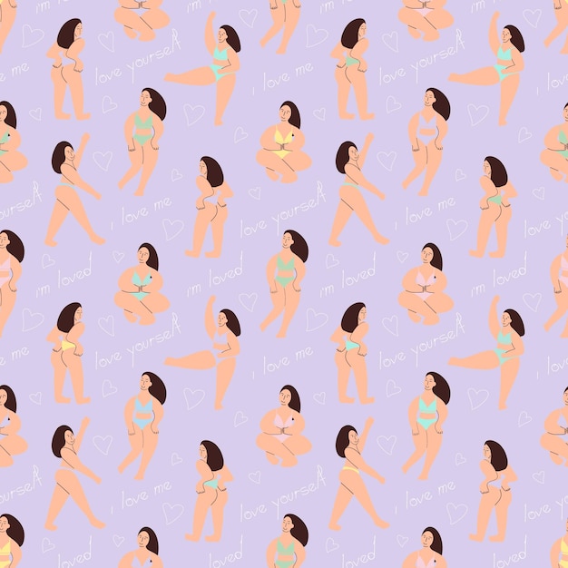 Padrão sem emenda de meninas bodypositive. uma modelo curvilínea mostra seu corpo. ilustração vetorial