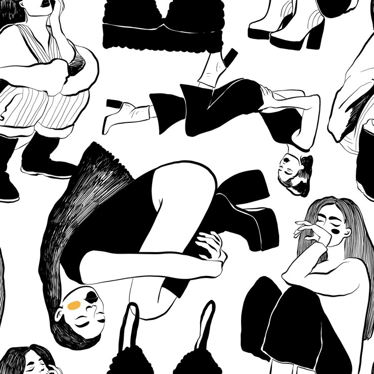 Vetor padrão sem emenda de mulheres abstratas modernas. mão-extraídas ilustração na moda de contorno. cores pretas