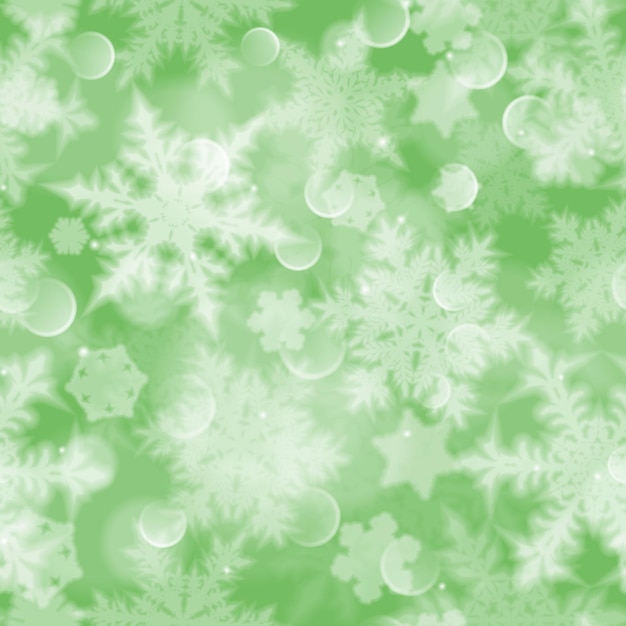 Padrão sem emenda de natal com flocos de neve borrados brancos, brilho e brilhos sobre fundo verde
