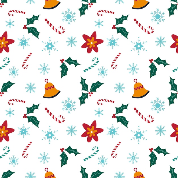 Vetor padrão sem emenda de natal com flocos de neve, doces, estrela de natal, sino e azevinho em fundo branco. ilustração em vetor desenhada à mão