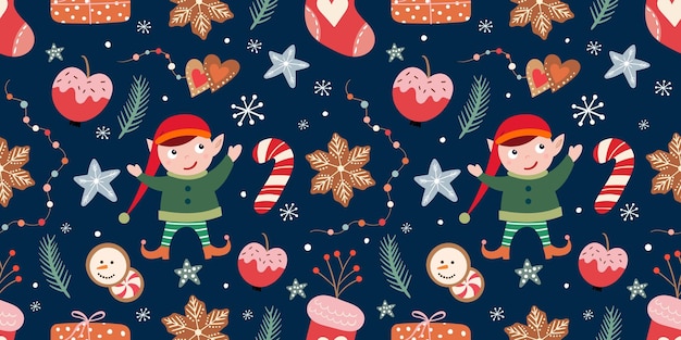 Padrão sem emenda de Natal com fundo de elfo de inverno com papel de parede de elementos sazonais