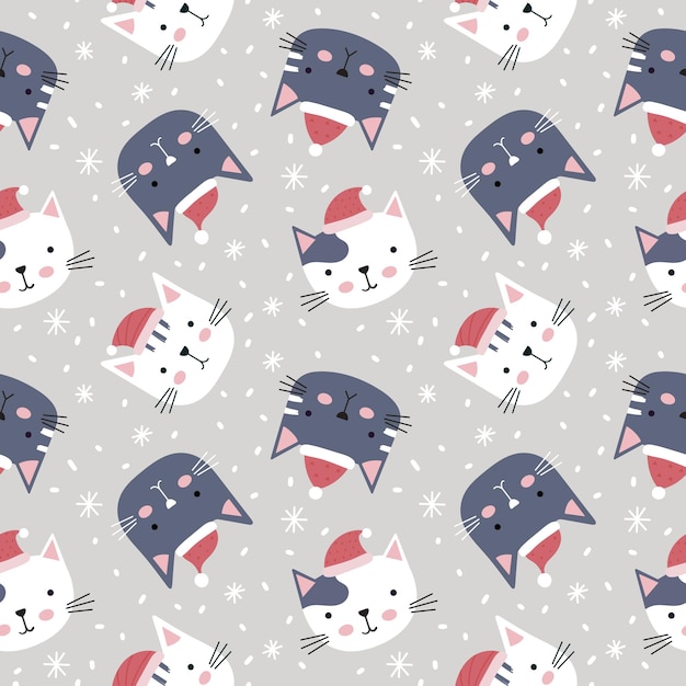 Padrão sem emenda de Natal com gatinhos fofos no chapéu de Papai Noel. De fundo vector infantil.