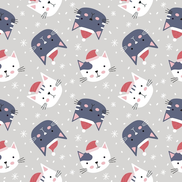 Padrão sem emenda de natal com gatinhos fofos no chapéu de papai noel. de fundo vector infantil.