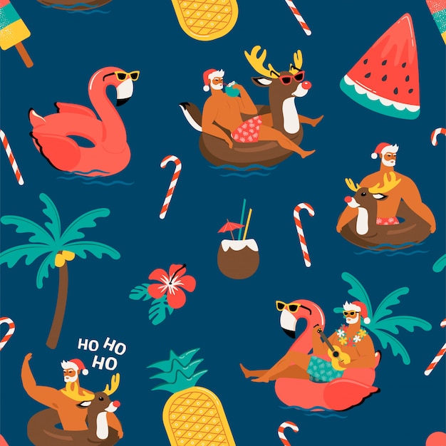 Padrão sem emenda de Natal com giro engraçado Papai Noel com anel inflável de renas e flamingo ...