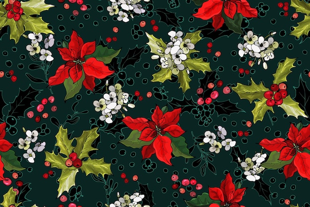 Padrão sem emenda de natal com poinsétia vermelha, bagas de azevinho, flores, folhas.