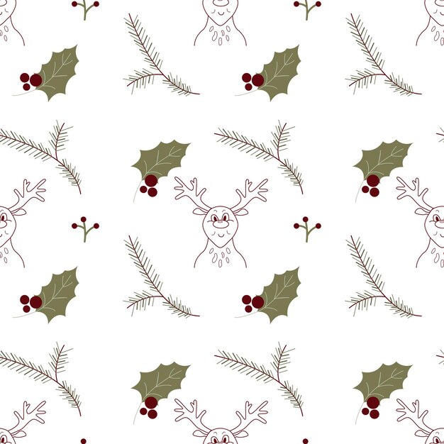 Padrão sem emenda de Natal com rena e folha de azevinho de inverno e ramo de abeto Textura de repetição de férias