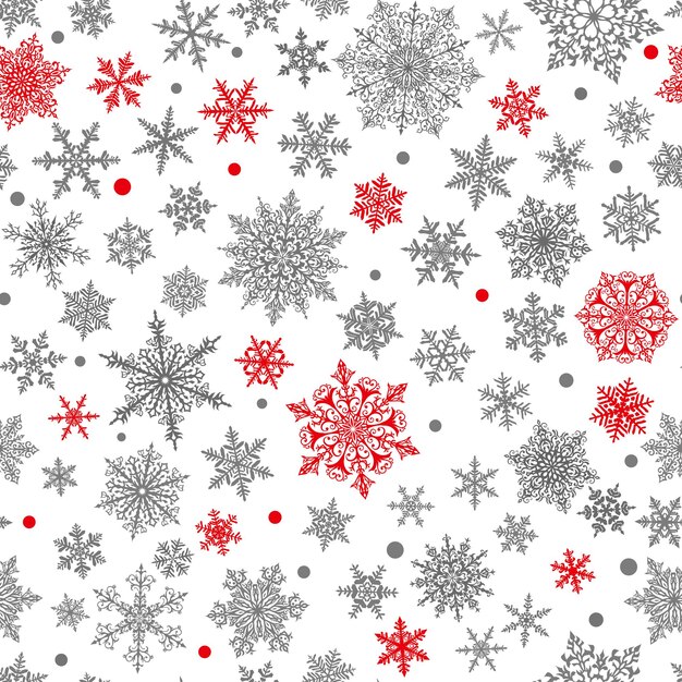 Padrão sem emenda de Natal de flocos de neve complexos grandes e pequenos nas cores pretas, vermelhas e brancas. Fundo de inverno com neve caindo