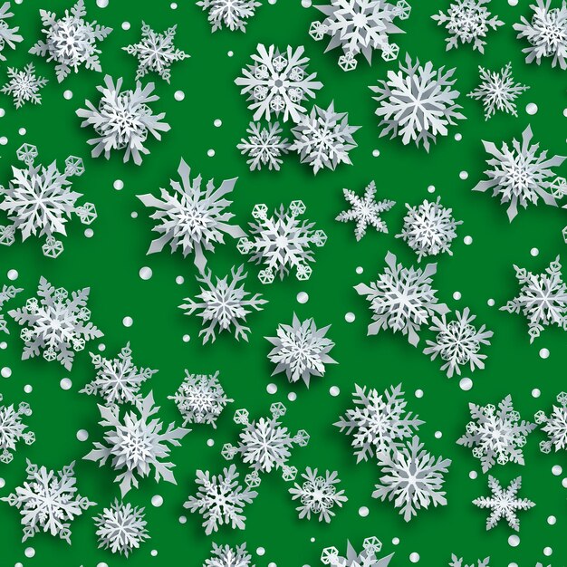 Padrão sem emenda de natal de flocos de neve de papel branco complexo com sombras suaves sobre fundo verde