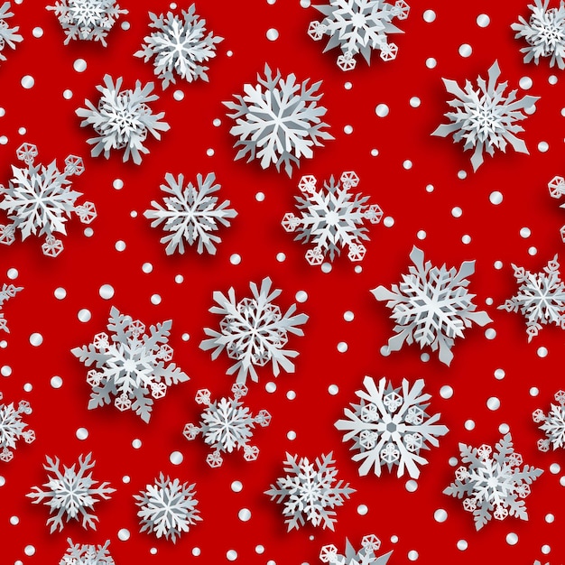 Padrão sem emenda de natal de flocos de neve de papel branco complexo com sombras suaves sobre fundo vermelho