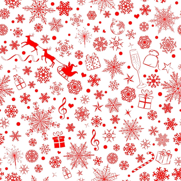 Padrão sem emenda de natal de vários flocos de neve e símbolos de férias, vermelho sobre fundo branco