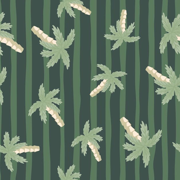 Padrão sem emenda de natureza tropical com elementos aleatórios de palmeira. fundo verde listrado. formas de doodle. projetado para design de tecido, impressão têxtil, embalagem, capa. ilustração vetorial.