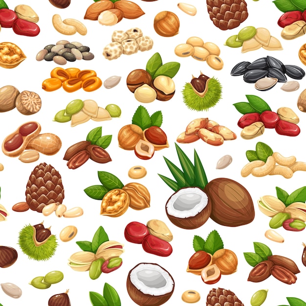 Padrão sem emenda de nozes, sementes e grãos, ilustração vetorial. Noz de cola, sementes de girassol, pistache, caju, coco e avelã. Amêndoas, nozes de milho, noz-moscada, castanhas ou chufa tigernuts e ets.