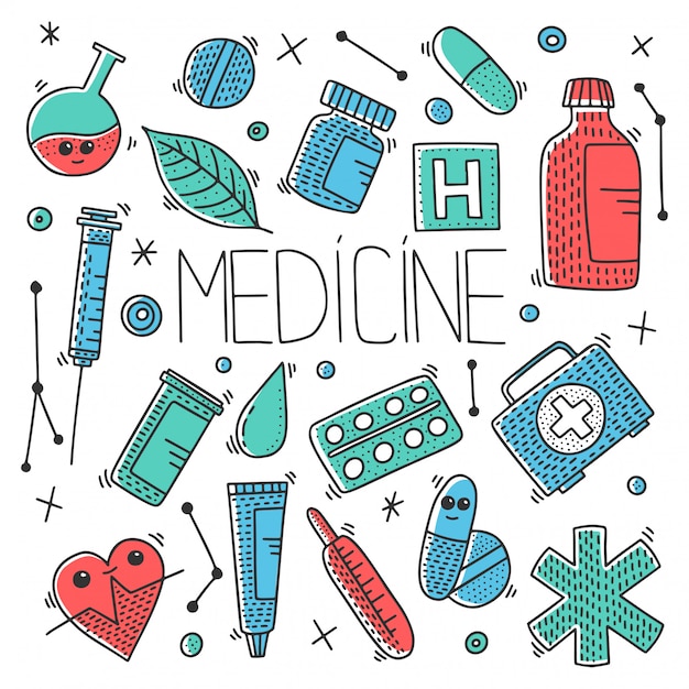 Padrão sem emenda de objetos de medicina em estilo doodle.