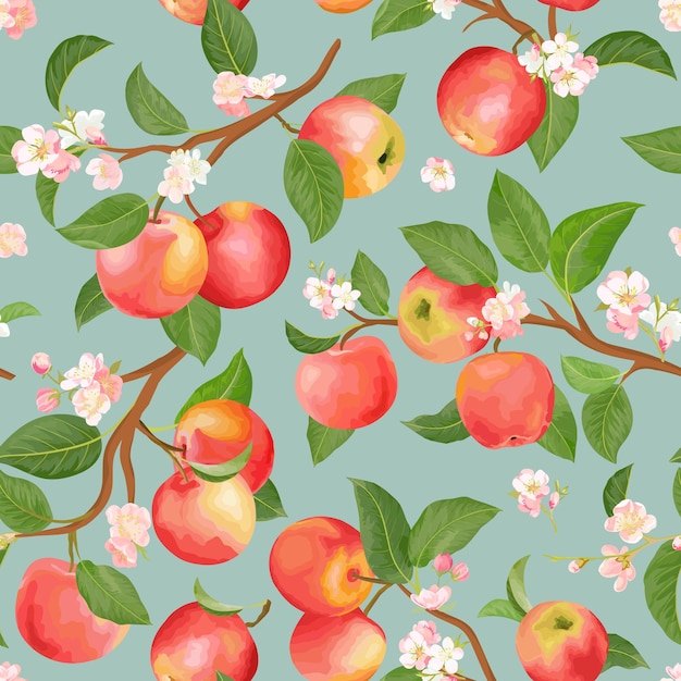 Padrão sem emenda de outono apple. frutas de verão, folhas, flores de fundo vector. ilustração de textura em aquarela para capa, papel de parede tropical, pano de fundo vintage, convite de casamento