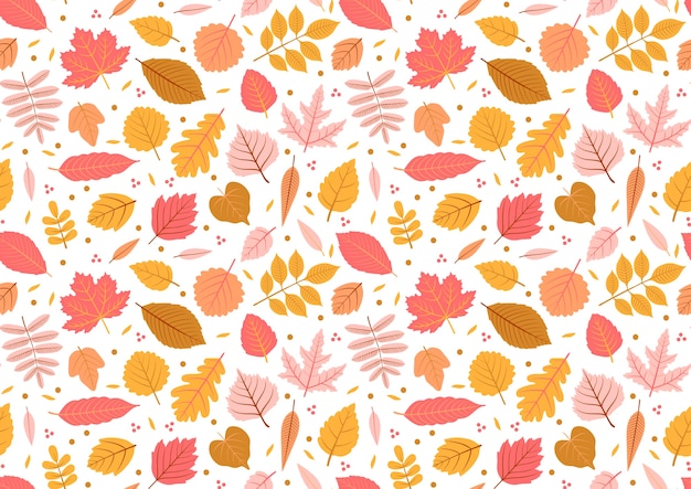 Padrão sem emenda de outono com folha, fundo de folha de outono. Textura de folha abstrata. Pano de fundo bonito. Queda de folhas. Folhas amarelas e rosa. Fundo branco. O elegante modelo para estampas de moda. Vetor.