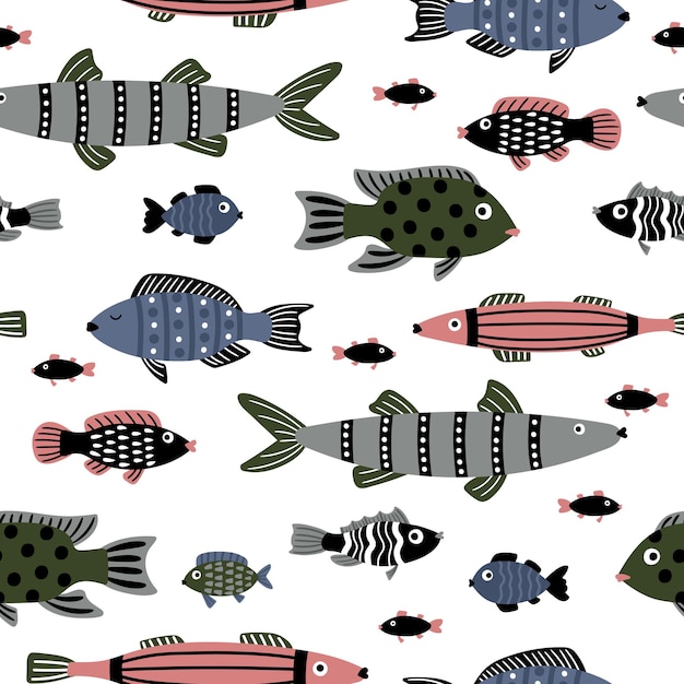 Padrão sem emenda de peixes marinhos. desenhos animados de animais subaquáticos coloridos, personagens elegantes e elegantes de água salgada, ilustração vetorial conjunto de peixes marinhos isolados no fundo branco