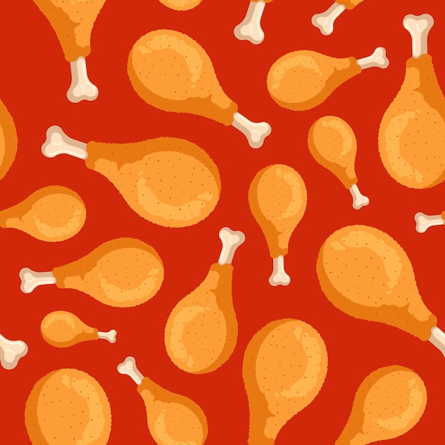 Padrão sem emenda de pernas de frango crocante frito sobre fundo vermelho. Coxinhas de fast food de desenho animado cozinhando textura plana ilustração em vetor eps