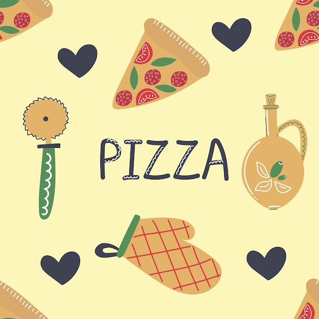 Padrão sem emenda de pizza desenhada à mão que faz elementos Ilustração plana
