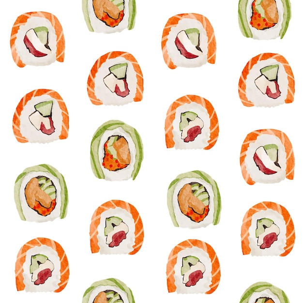 Padrão sem emenda de rolo de sushi realista desenhado à mão. Comida asiática em aquarela. culinária japonesa. Vetor