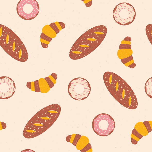 Padrão sem emenda de rosquinhas e pães ilustração vetorial de padaria e pastelaria com formas abstratas