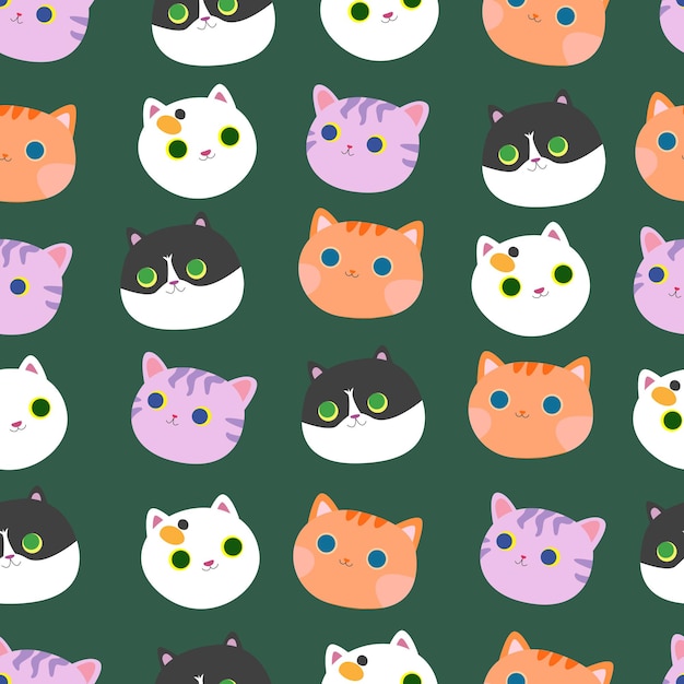 cabeças de gatos coloridos bonitos, rostos de gatinho, padrão sem emenda de  vetor. personagens de desenhos animados de animais de estimação gatinho  engraçados com emoções, textura para tecido, papel de parede, papel