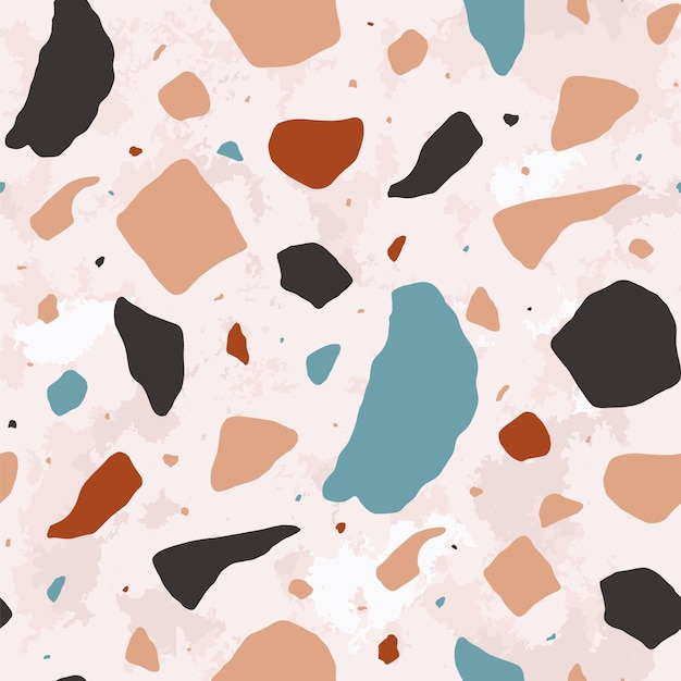Padrão sem emenda de terraço com pedras heterogêneas. Cenário abstrato com rochas minerais coloridas espalhadas sobre fundo claro. Ilustração vetorial moderna para impressão em tecido, papel de embrulho, piso.