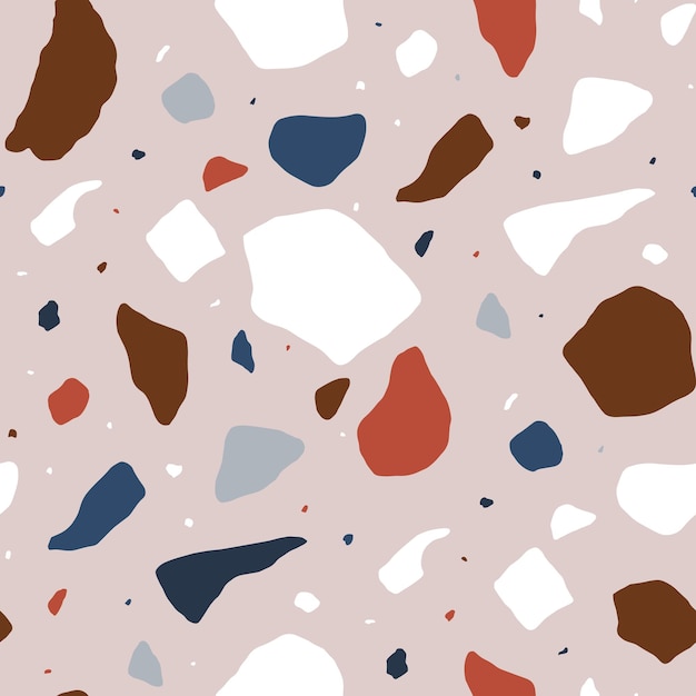 Padrão sem emenda de terrazzo com lascas ou fragmentos coloridos. Cenário decorativo com peças de pedra espalhadas sobre fundo claro. Ilustração em vetor moderno para impressão têxtil, papel de embrulho.