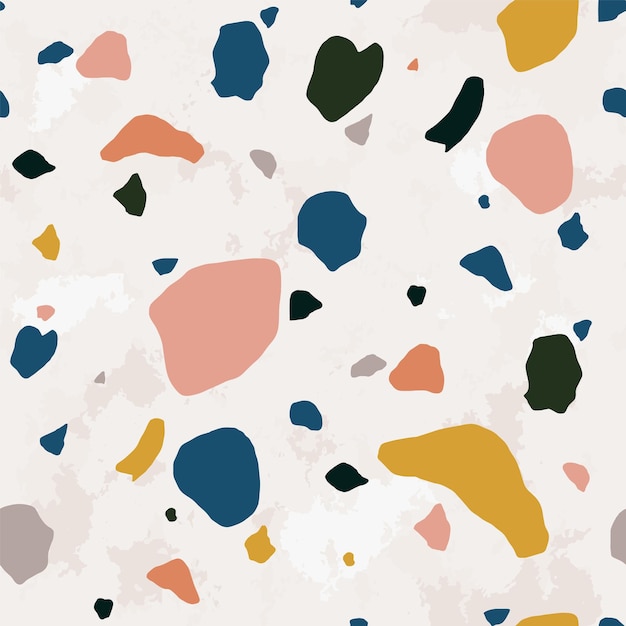 Padrão sem emenda de terrazzo com migalhas de pedra ou rocha vívidas. Cenário elegante com peças minerais espalhadas sobre fundo claro. Ilustração em vetor elegante para papel de embrulho, estampa de tecido, ladrilho.