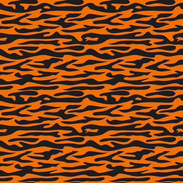 Padrão sem emenda de tigre de listras pretas em impressão brilhante de fundo laranja para o símbolo de férias de ...