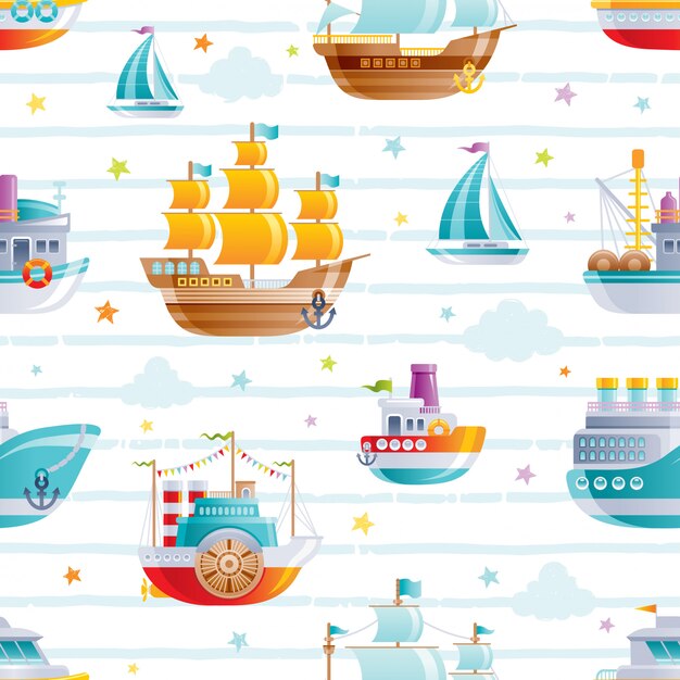 Padrão sem emenda de transporte watet dos desenhos animados. Brinquedos de menino bebê fofo. Barco, Galeão, design de papel de parede de navio a vela.