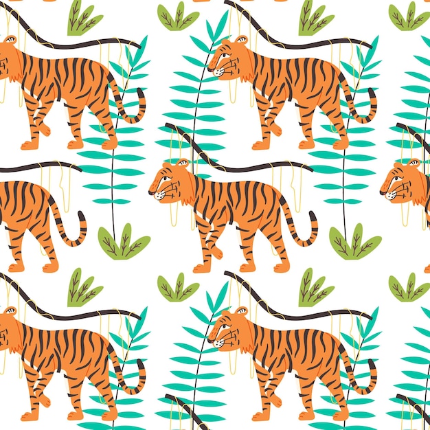 Padrão sem emenda de um tigre agachado na selva. gato selvagem predador laranja e preto moderno estilo plano de fundo vector