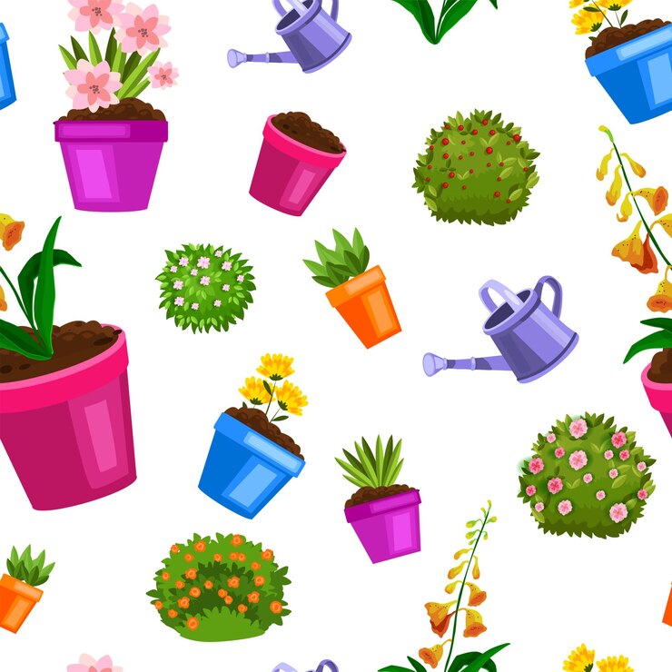 Vetor padrão sem emenda de vaso de flores de primavera com plantas verdes, arbustos florescendo, mudas, folhas.