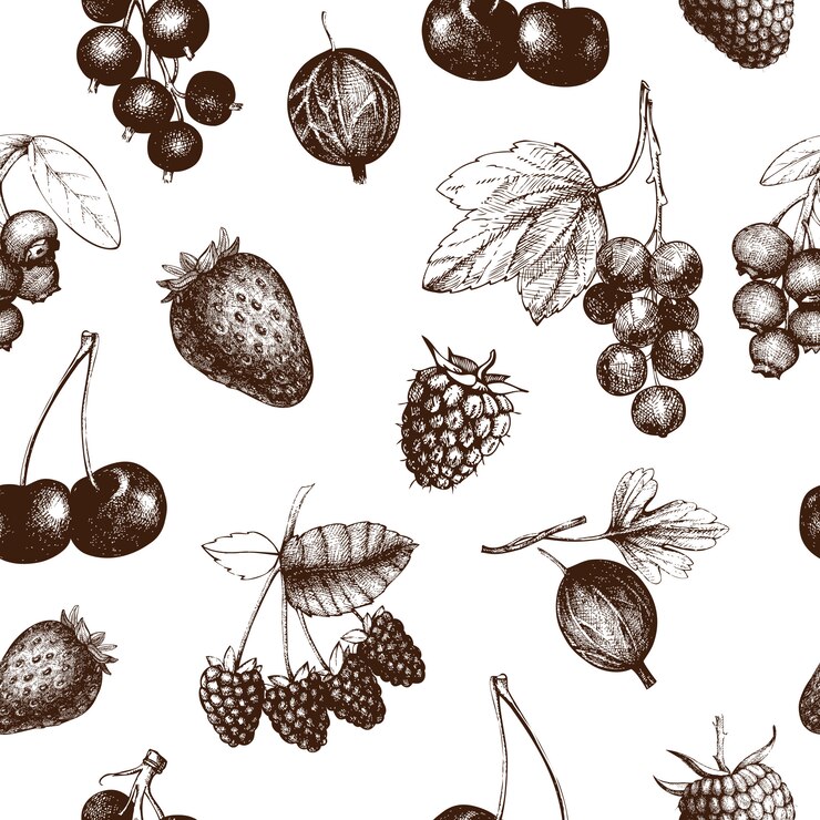 Vetor padrão sem emenda de verão berry. fundo de bagas de mão desenhada. com frutas frescas: morango, amora, groselha, cereja, mirtilo, framboesa, mirtilo. para receita, menu, banner, chá ou geléia de design.