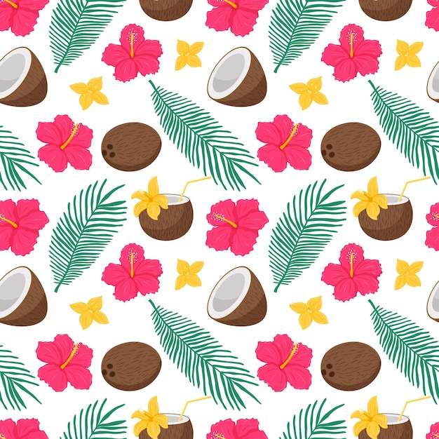 Padrão sem emenda de verão brilhante com flores de frutas tropicais exóticas e folhas de palmeira hibisco de coco e coquetel de coco ilustrações vetoriais em um estilo cartoon plana em um fundo branco