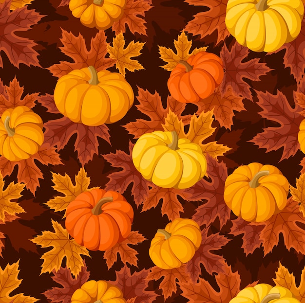 Padrão sem emenda de vetor com abóboras e folhas de bordo de outono de várias cores em um marrom escuro.