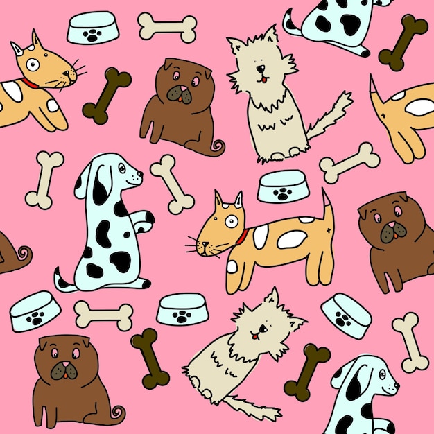 Padrão sem emenda de vetor com cães bonitos isolados em rosa. Padrão animal para crianças têxteis, decoração de berçário, tecido. Ilustração vetorial