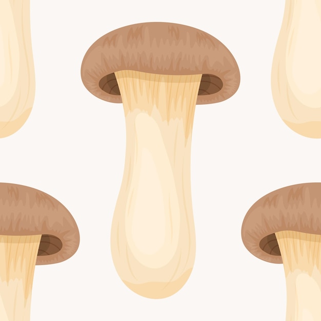 Padrão sem emenda de vetor com cogumelo ostra de trompete rei na textura sem costura branca mão desenhada dos desenhos animados de cogumelos ostra rei trombeta modelo de design para impressão de papel de parede têxtil pleurotus eryngii