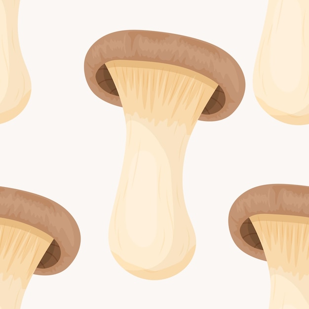 Padrão sem emenda de vetor com cogumelo ostra de trompete rei na textura sem costura branca mão desenhada dos desenhos animados de cogumelos ostra rei trombeta modelo de design para impressão de papel de parede têxtil pleurotus eryngii