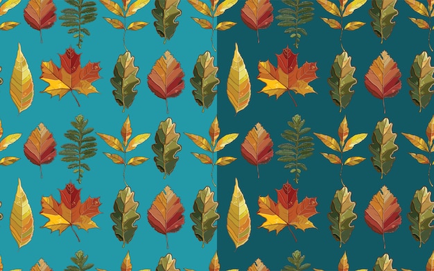Vetor padrão sem emenda de vetor com conjunto de folhas de outono. fundo com aspen; amieiro; olmo; salgueiro; bordo; carvalho; potentilla.