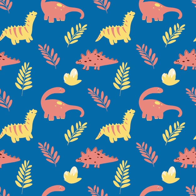 Padrão sem emenda de vetor com dinossauros e folhas em estilo plano infantil de desenho animado