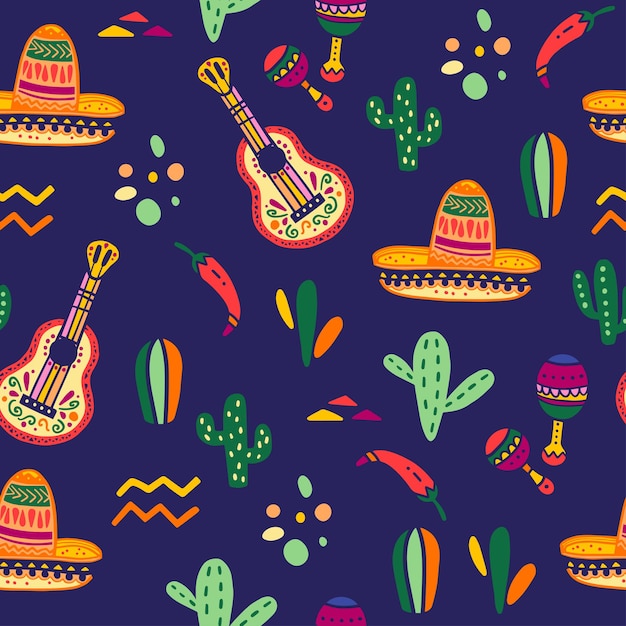 Padrão sem emenda de vetor com elementos de decoração de celebração tradicional do México guitarra sombrero maracas