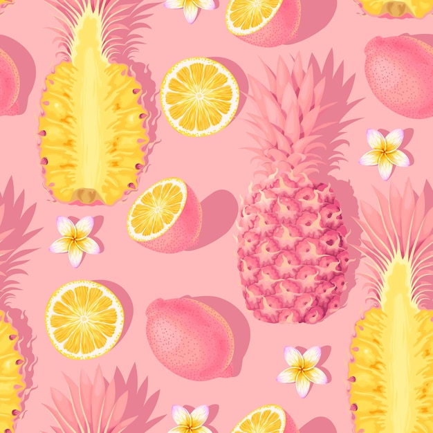 Padrão sem emenda de vetor com flores e frutas tropicais em fundo rosa