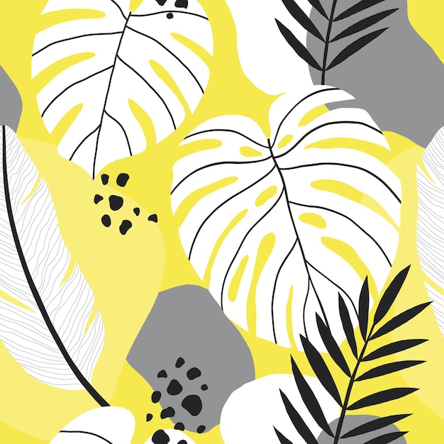 Padrão sem emenda de vetor com folhas de monstera tropical e formas abstratas paleta amarela e cinza